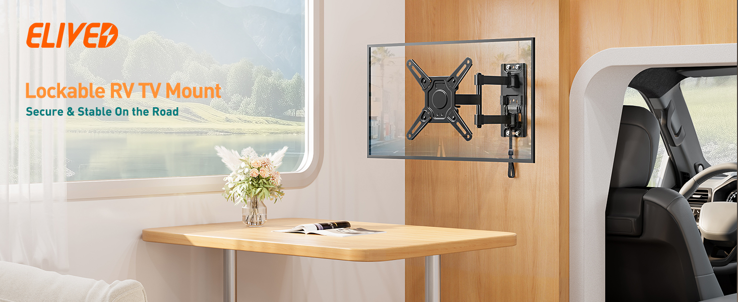 Кріплення для телевізора ELIVED RV TV - для кемпінгу, автодому, вантажівки. Підходить для телевізорів 13-43 дюймів, VESA до 200x200 мм, до 15 кг. Регульоване кріплення.