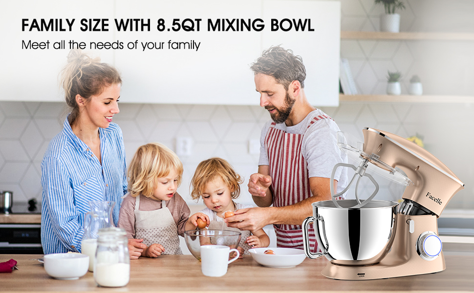 Facelle 2000W 8.5L Stand Mixer - Dough & Cake Mixer with Whisk, Dough Hook, Beater & Splash Guard for Baking, Cakes, Cookies, Kneading, 6+ Speed - Champagne Color