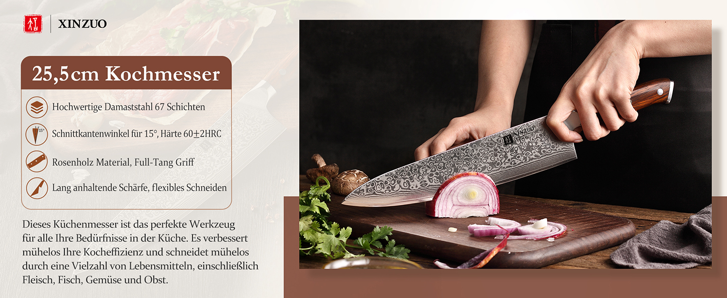 XINZUO 21cm Damascus Chef's Knife - 67 Layer Multipurpose Kitchen Knife for Meat, Fish & Vegetables - Gyuto Professional Hand-Forged Knife with Ergonomic Rosewood Handle
