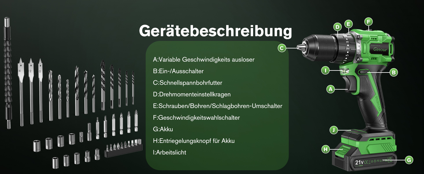 Ginour 21V акумуляторний ударний дриль-шуруповерт, комплект 47 предметів, сумісний з Makita 18V, 50 Nm, 2 швидкості, LED, 10 мм