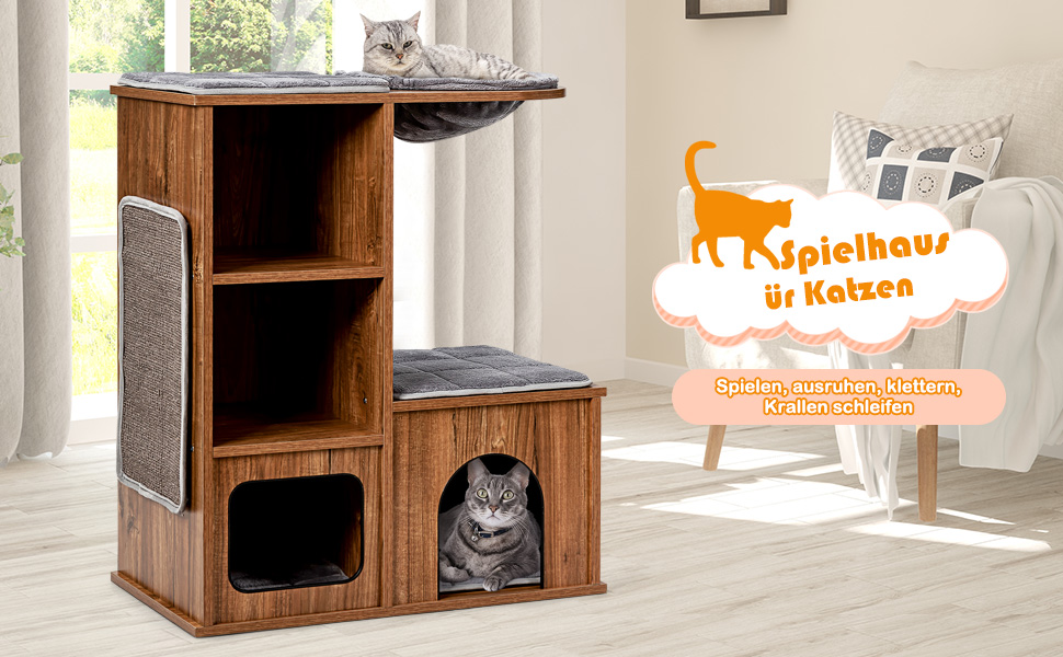 Кігтеточка для котів COSTWAY з будиночком та килимками, дерев'яний дім-кігтеточка, активний комплекс для котів 69x39x80,5 см, вінтажний стиль