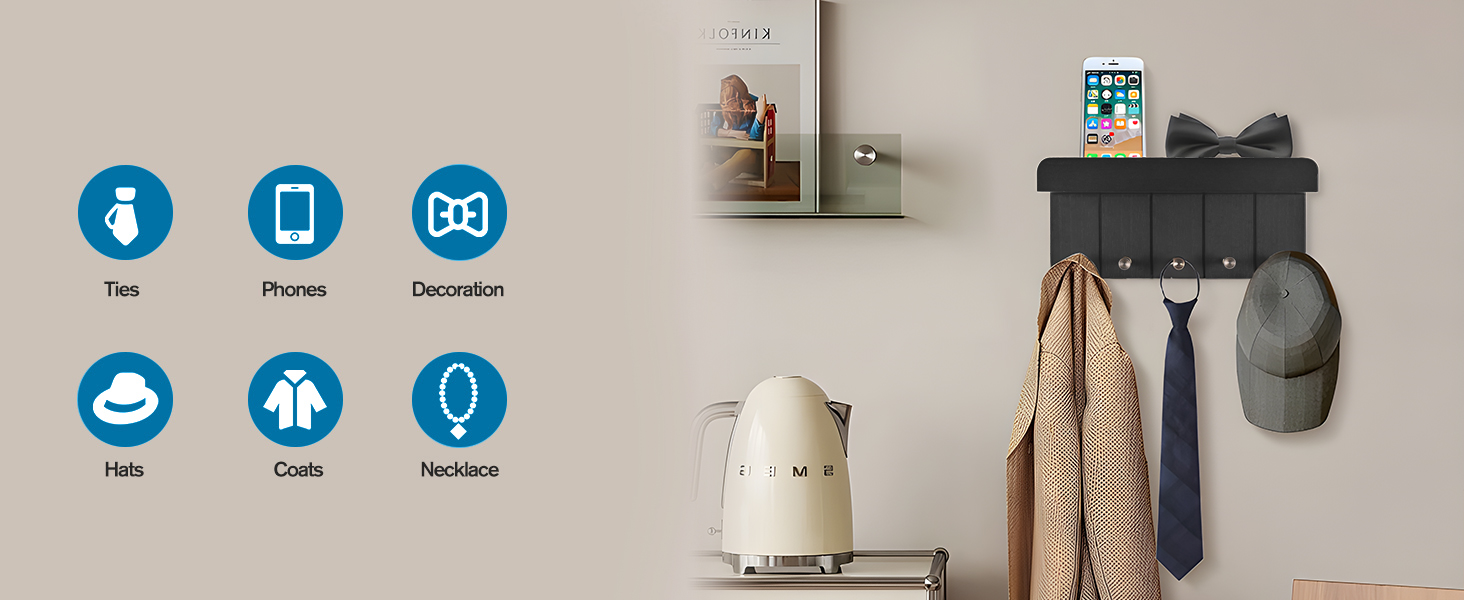 Дерев'яне ключниця з полицею, настінна | 5 гачків | для прихожей, кухні, спальні (чорний)