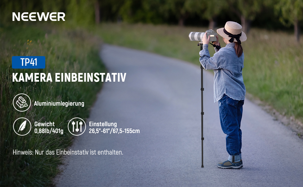 NEEWER Монопод 155см для камери, монопод для відеозйомки, монопод з алюмінію, 1/4' 3/8' адаптер, для DSLR/Camcorder, професійний аксесуар, вантажопідйомність 8кг, TP41 з мікрофіброю