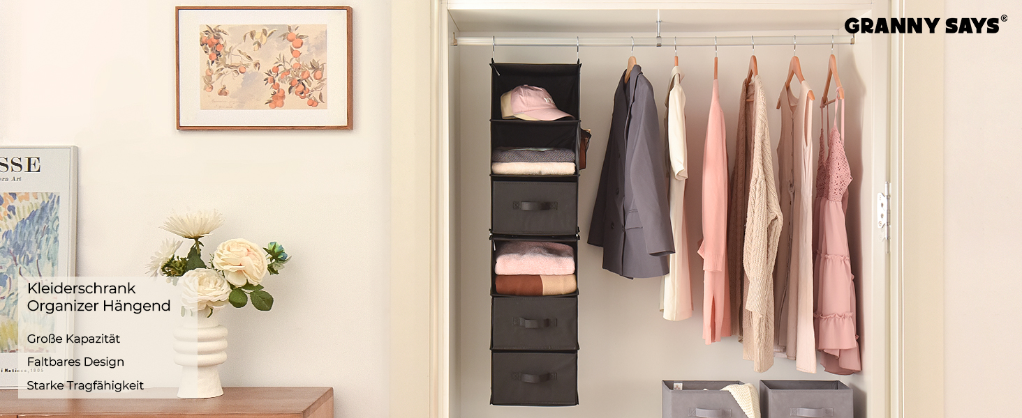 Органайзер для шафи GRANNY SAYS, підвісний, з шухлядами, 1 шт. - підвісне зберігання, полиця для шафи, тканинний органайзер для спальні (чорний, роздільний)
