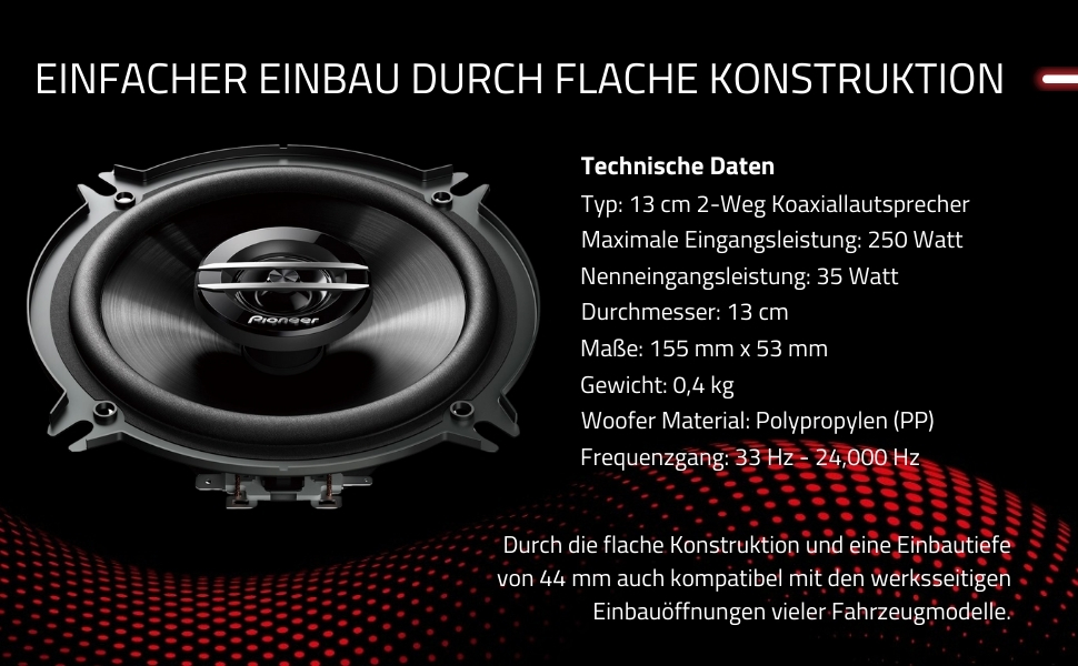 Автомобільні коаксіальні динаміки Pioneer TS-G1320F 13 см, 2-смугові, 250 Вт, набір з 2 динаміків з гратами, потужний звук, високий ККД, монтаж 44,3 мм, отвір 121 мм