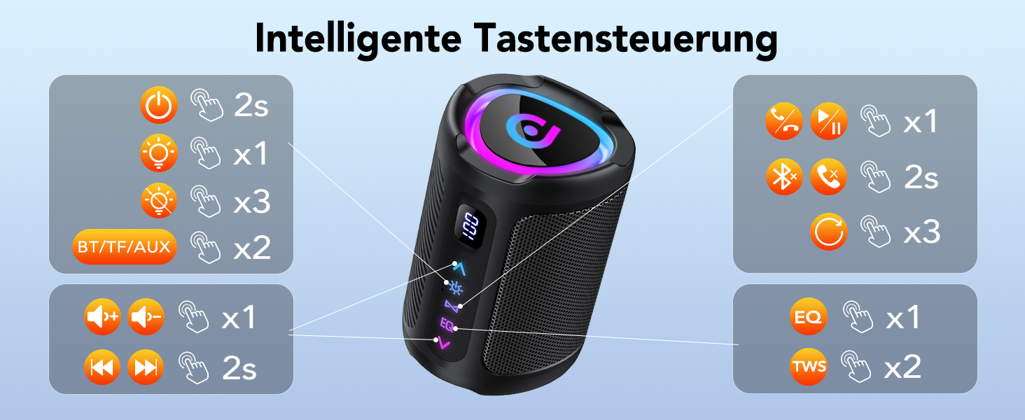 Bluetooth колонка з підсвіткою 2026 Musikbox: Портативна колонка Bluetooth 5.4, 15 Вт, Покращений бас, IPX7 водонепроникна, для подорожей, спорту, вечірок, велосипедів, Чорний