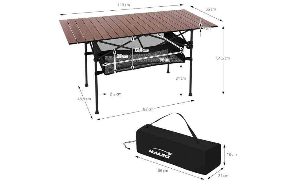 Стіл для кемпінгу Hauki, розкладний, коричневий, 118 x 55 x 64,5 см, алюмінієвий, з мотузковою поверхнею, для відпочинку, саду, балкону, подорожей, ринку, з сумкою, колір: коричневий (темне дерево)