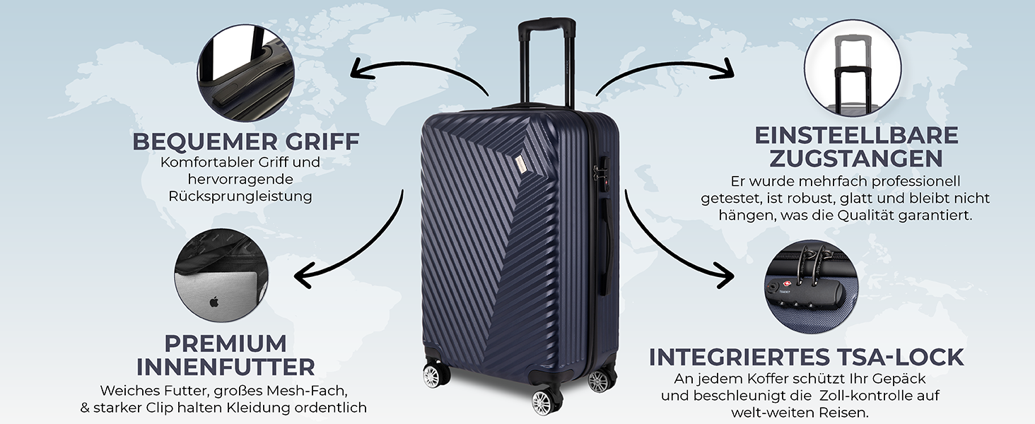 Набір валіз xRace 3-частинний ABS, 20/24/28 дюймів, ручна поклажа, TSA замок, 360° колеса, стійкий до ударів, з преміум підкладкою (Морська блакить)