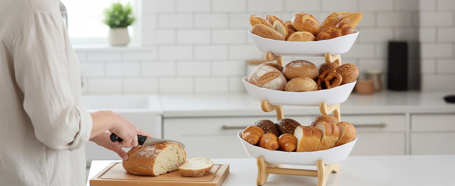 Трирівнева етажерка для фруктів та закусок з бамбуковим підставкою, преміум-пластик