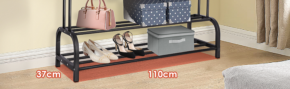 Стійка для одягу на підлозі з металу з полицею для взуття та нижньою полицею, чорна, подвійна