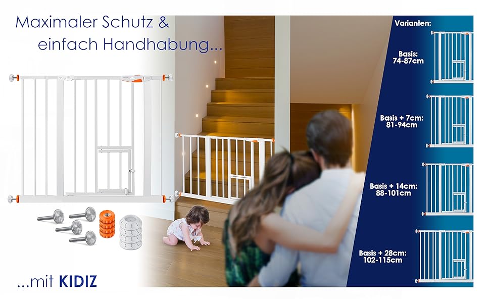 Захисне ворота KIDIZ для котів з люком, без свердління, для дітей, біле | 90° фіксація, поворотне, ширина: 88-101 см, помаранчевий