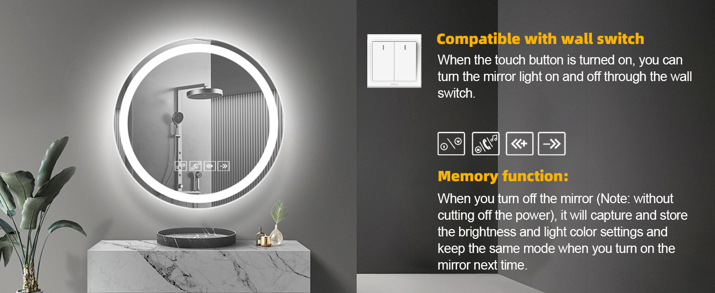 Дзеркало для ванної кімнати з підсвічуванням 50x70 см, з функцією проти запотівання, годинником, LED, сенсорне управління, пам'ять, 3 кольори світла, регулювання яскравості