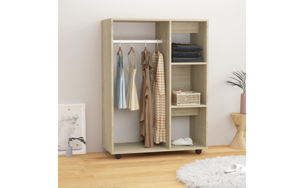 vidaXL Wardrobe with Open Shelf, 3 Side Shelves, Wheels, Coat Rack, Wardrobe, Bedroom, White, 80x40x110cm, Wood-Based Material (Smoked Oak)