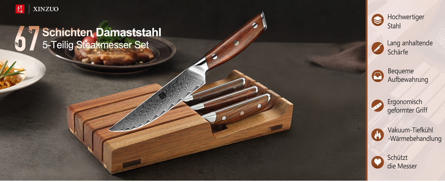 Ніж кухарський XINZUO Damaststahl Kiritsuke 21см - професійний, з нержавіючої сталі Дамаск, з ручкою з рожевого дерева, 5-ти річний набір ножів для стейку