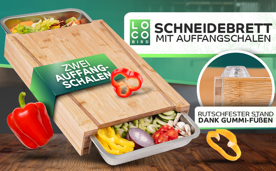 Loco Bird Cutting Board Wood with Catch Basin - Cutting Board with Stainless Steel Bowl - Bamboo Cutting Board Wood, Large Wooden Board Kitchen - Large Cutting Board - Kitchen Board, Wooden Cutting Boards, Board