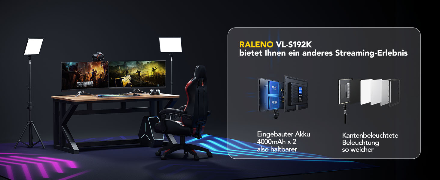 LED відеолампа RALENO з 192 LED, 2 шт. з штативом 180 см, зарядним акумулятором 8000mAh, регулюванням яскравості 0-100%, CRI95 для YouTube, TikTok, фото- та відеозйомки