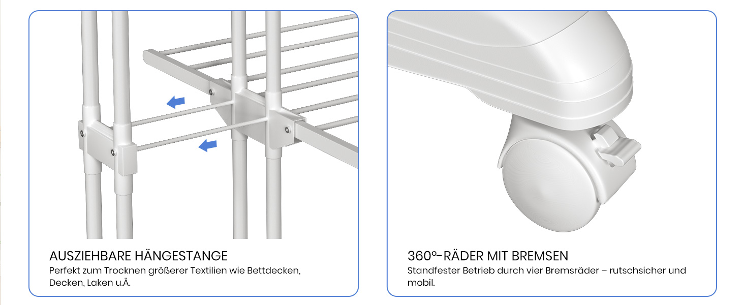 Сушарка для білизни Oak & Tea Turm, 83-200 см, з висувними крилами, XXL, 4 яруси, з колесами, для дому та вулиці, біла
