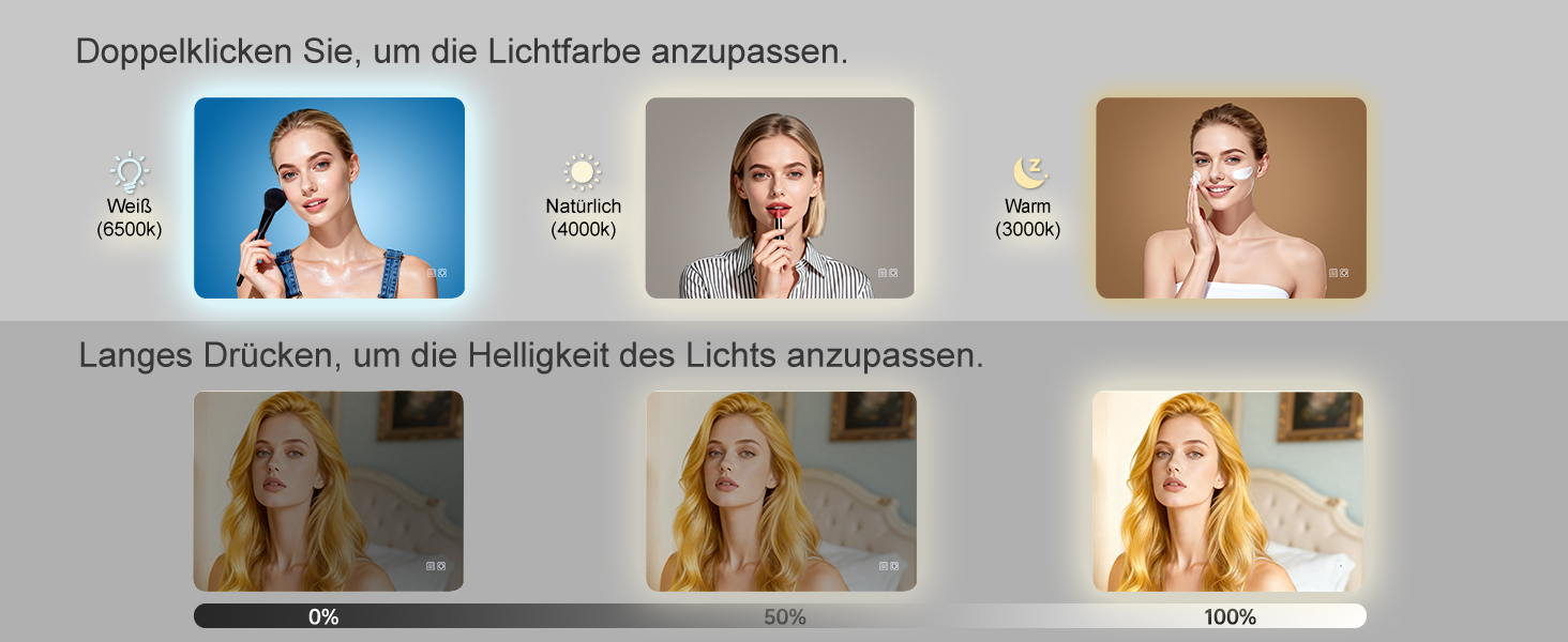 LED дзеркало для ванної кімнати LISA 70x50 см з підсвічуванням, сенсорне регулювання, антизапар, 3 кольори світла