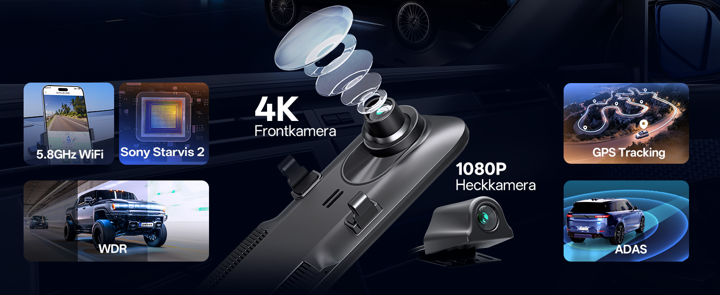 Автомобільний відеореєстратор-дзеркало Pelsee S12 Pro 12' 4K з передньою та задньою камерами, сенсором STARVIS 2, 5.8 GHz WiFi, GPS, ADAS, BSD та карткою пам'яті 64GB