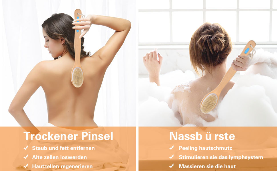 Масажна щітка для спини URAQT з натуральною щетиною, двостороння, з довгим руків'ям для масажу та пілінгу тіла