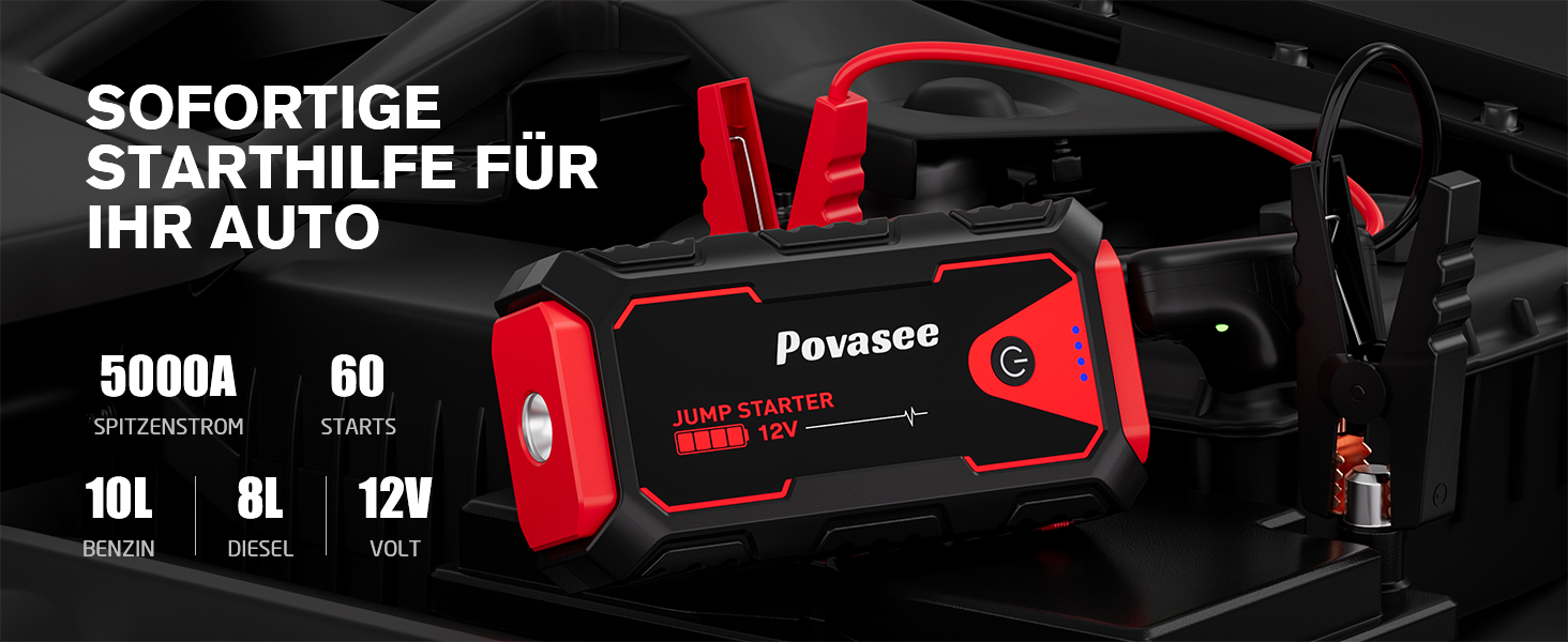 Портативний пусковий пристрій Povasee Starthilfe Powerbank: 5000A для 12V авто (до 10л бензину/8л дизеля), з LED, 2 USB, кабель для підключення