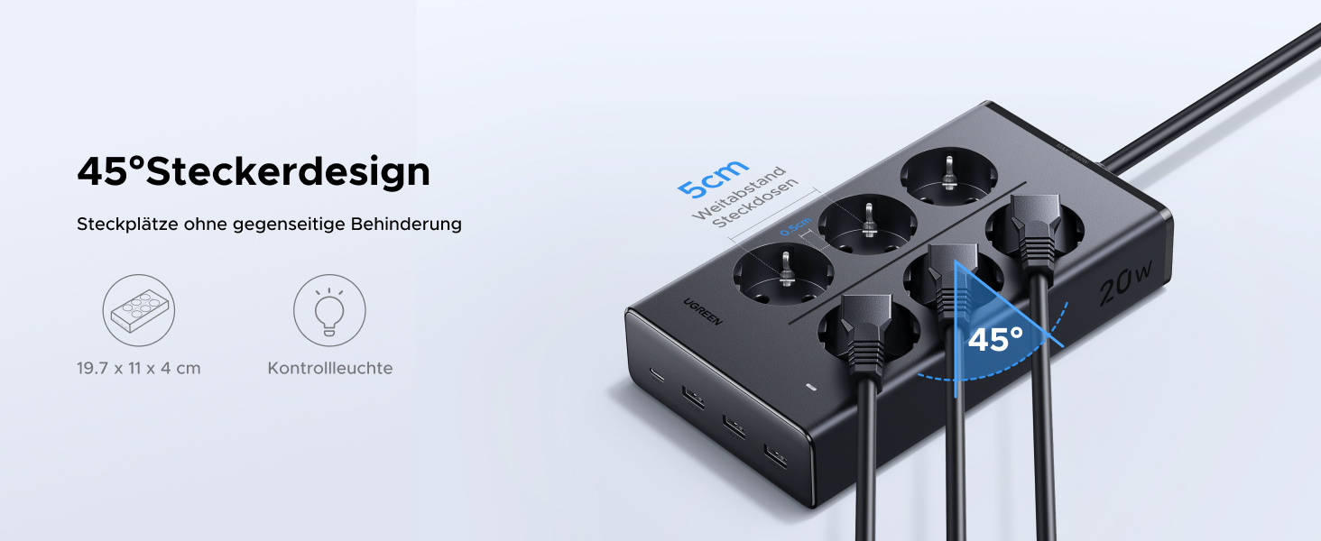 Мережевий фільтр UGREEN 10-в-1 з USB, подовжувач з 20W швидкою зарядкою USB-C, захист від перенапруги, 3680 Вт, кабель 1.5 м, для офісу та дому