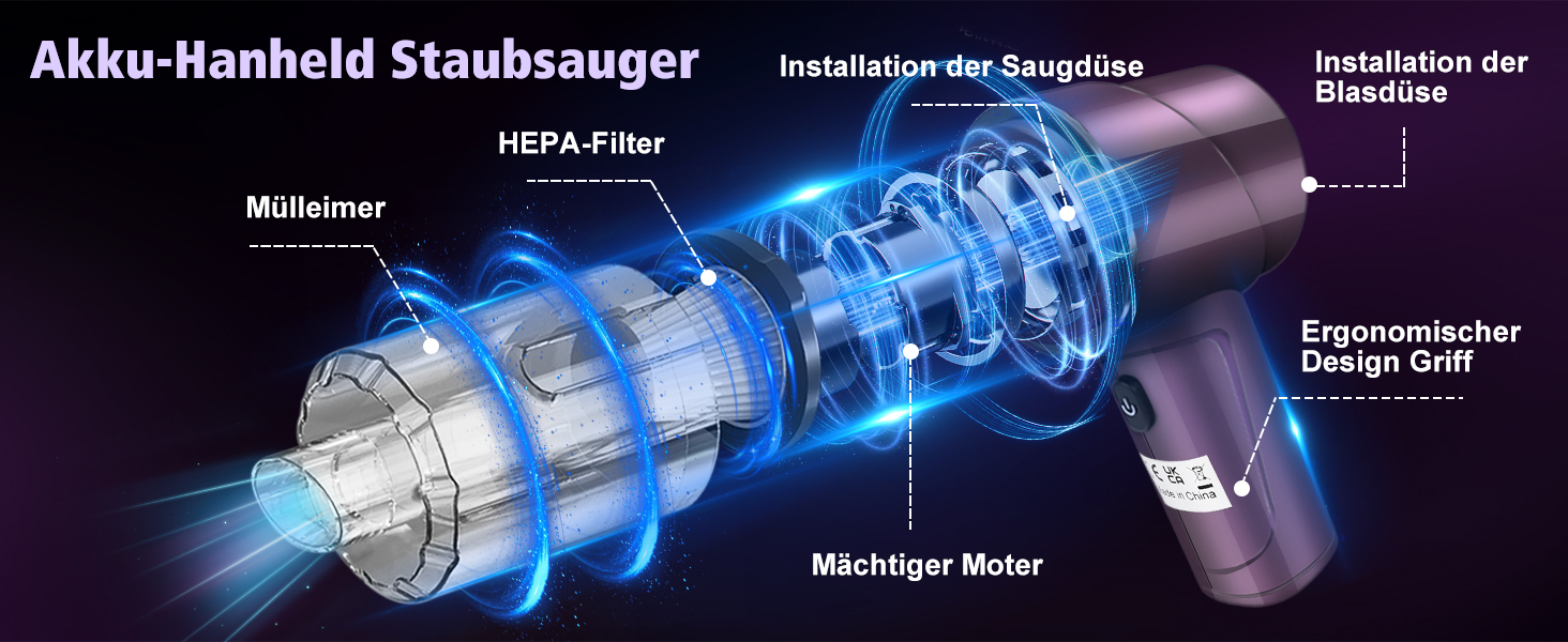 Бездротовий акумуляторний пилосос Handstaubsauger 9000Pa, 120W/12V, з насадкою для видуву, для авто та дому, фіолетовий