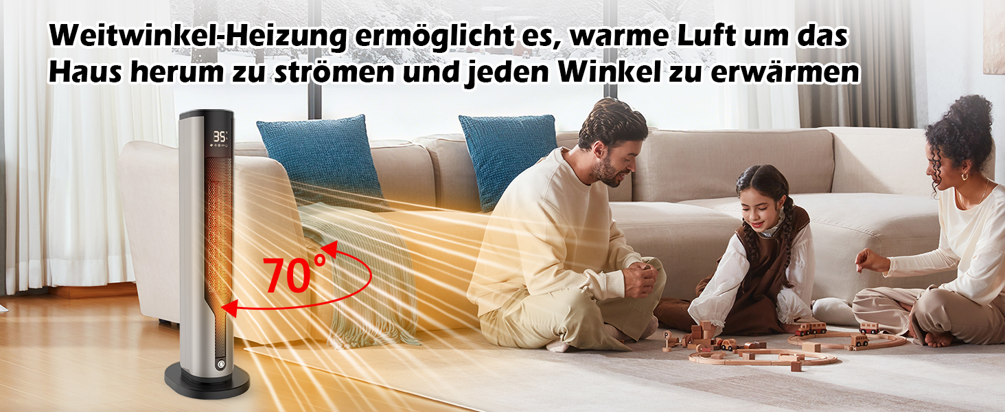 Електричний обігрівач 1500W з PTC керамічним нагрівачем, тихий 34 dB, термостат, таймер 12 год, захист від перегріву та перекидання. Ідеальний для спальні, з пультом дистанційного керування (сірий)