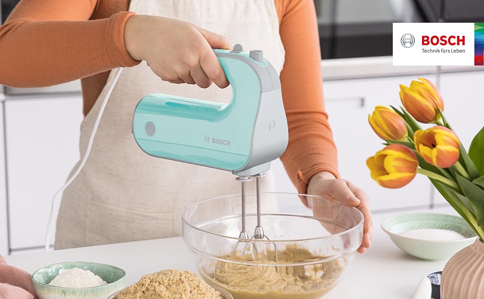 Ручний міксер Bosch MFQ40302 Mint Turquoise/Silber: 500W, 5 швидкостей + Turbo, 2 вінчики, 2 гаки для тіста, нержавіюча сталь, миється в посудомийній машині
