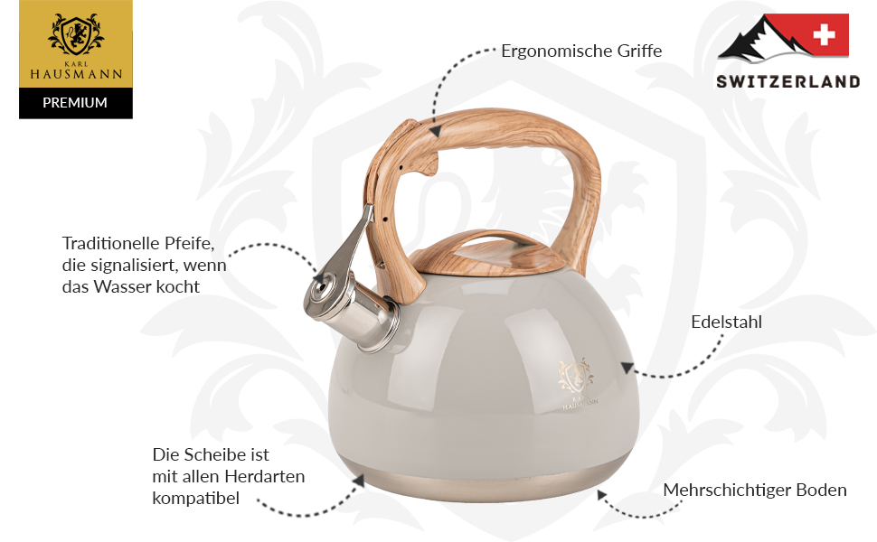Електричний чайник Karl Hausmann 3L з автоматичним свистком, з нержавіючої сталі для Induktion, Gas та Electric плит