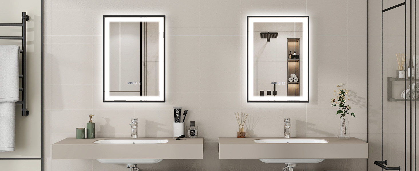 Дзеркало YOURLITE з підсвічуванням 70x50 см, LED дзеркало для ванної кімнати з годинником, сенсорне керування, 3 кольори світла, регулювання яскравості, антизапар, пам'ять, срібний (чорний-5070)