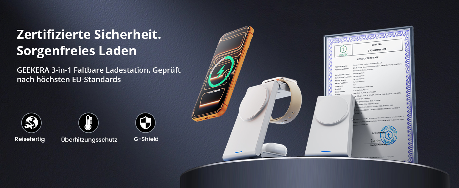 Зарядний пристрій 3-в-1 GEEKERA MagSafe для Apple Watch, iPhone (12-17) та AirPods, бездротова зарядка, матовий білий