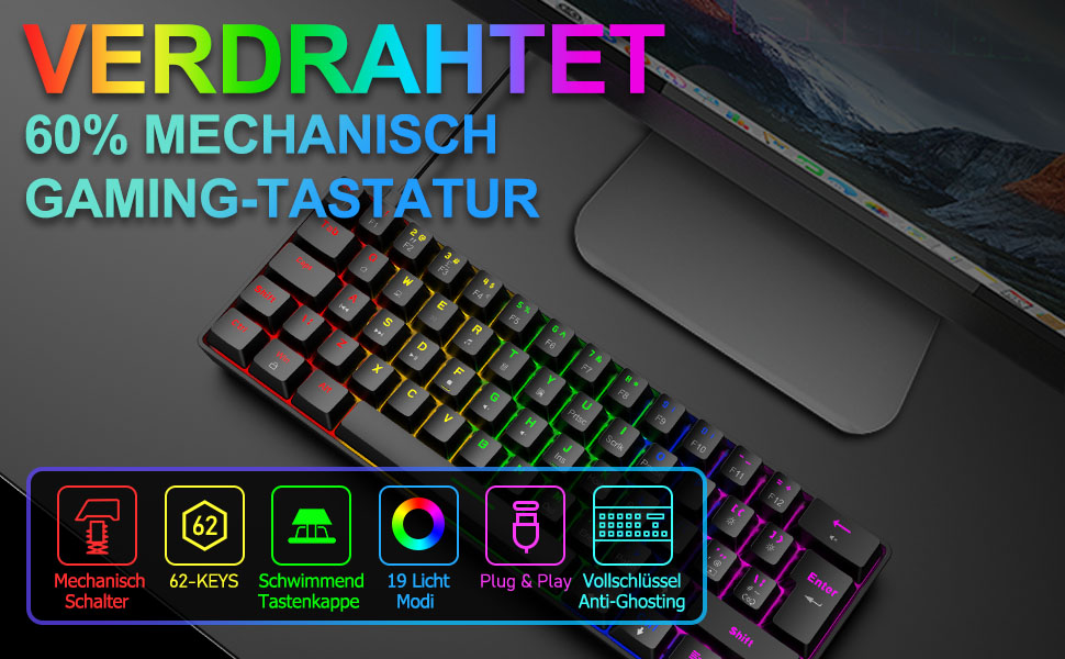 Ігрова клавіатура та миша UK-Layout з підсвічуванням RGB, 62 клавіші, механічна, 6400 DPI (чорний/червоний перемикач)