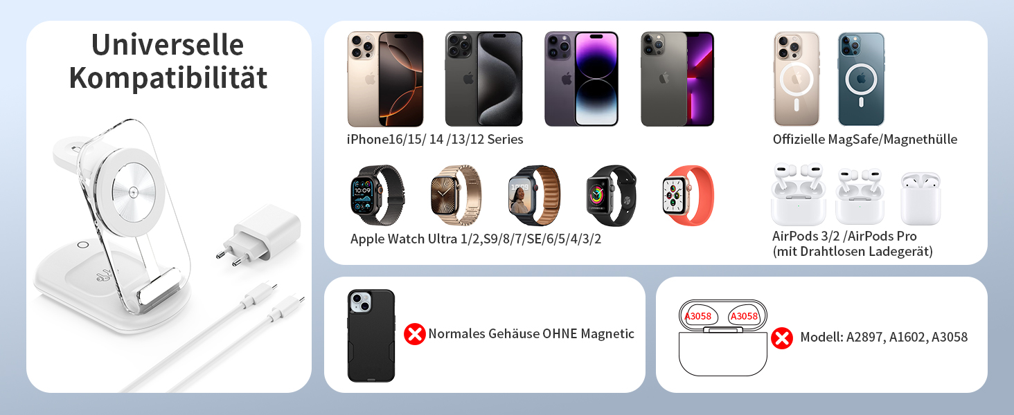 Бездротова зарядна станція 3 в 1 MagSafe для iPhone 16/15/14/13, Apple Watch та AirPods, складана з регулюванням кута та атмосферним підсвічуванням (Перламутовий білий)