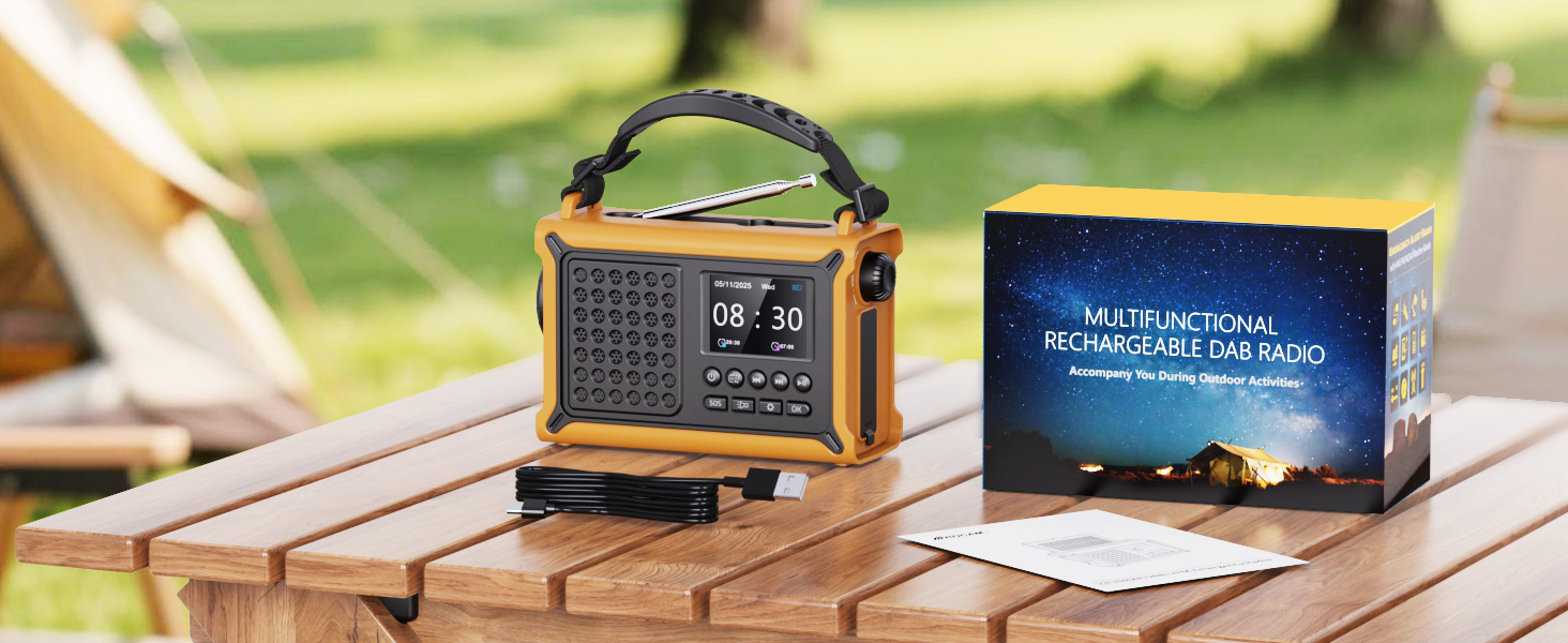 ROCAM Радіоприймач на ручку DAB+/UKW, портативне аварійне радіо з сонячною панеллю 8500 мм² та ручкою 650mA, цифрове радіо з Bluetooth, 2.4' кольоровий дисплей, 80 станцій, SOS, LED ліхтарик, USB, IPX6 для кемпінгу (Жовтий)