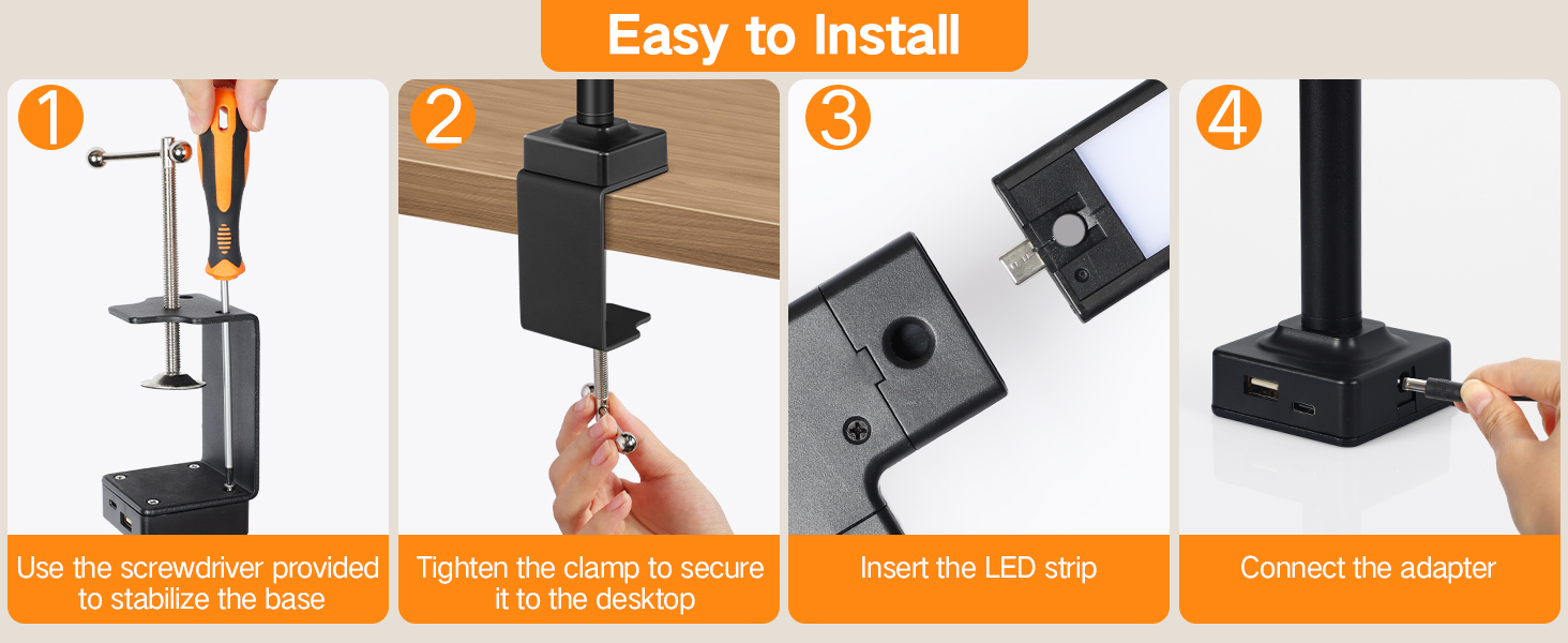 OUTON LED лампа настільна з двома головками, 85.5 см, USB-A & C, регульована яскравість 1600LM, 5 температур кольору, таймер, кріплення, для офісу та дому, чорний