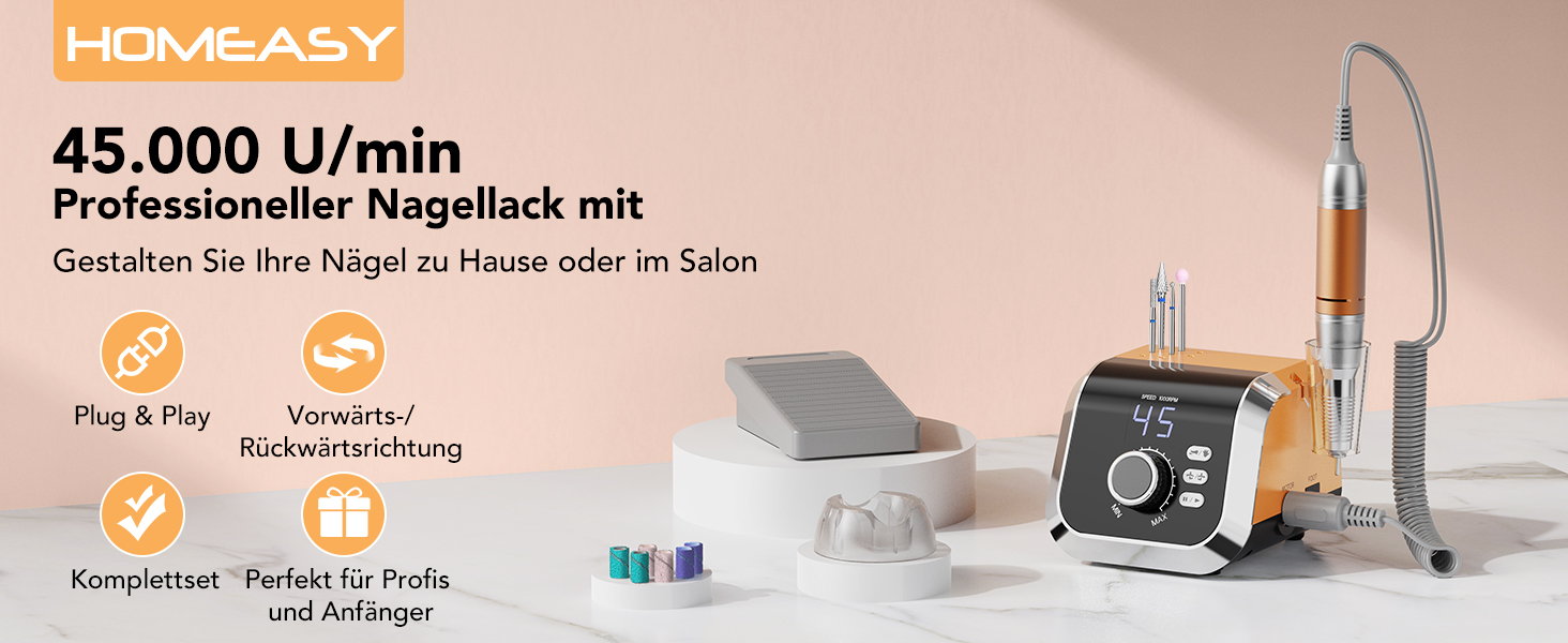 Професійний електричний фрезер для нігтів Nagelfräser 45000 об/хв з педаллю, LCD дисплеєм, 45 швидкостей, F/R, функція паузи, для гель-манікюру, для салону та дому