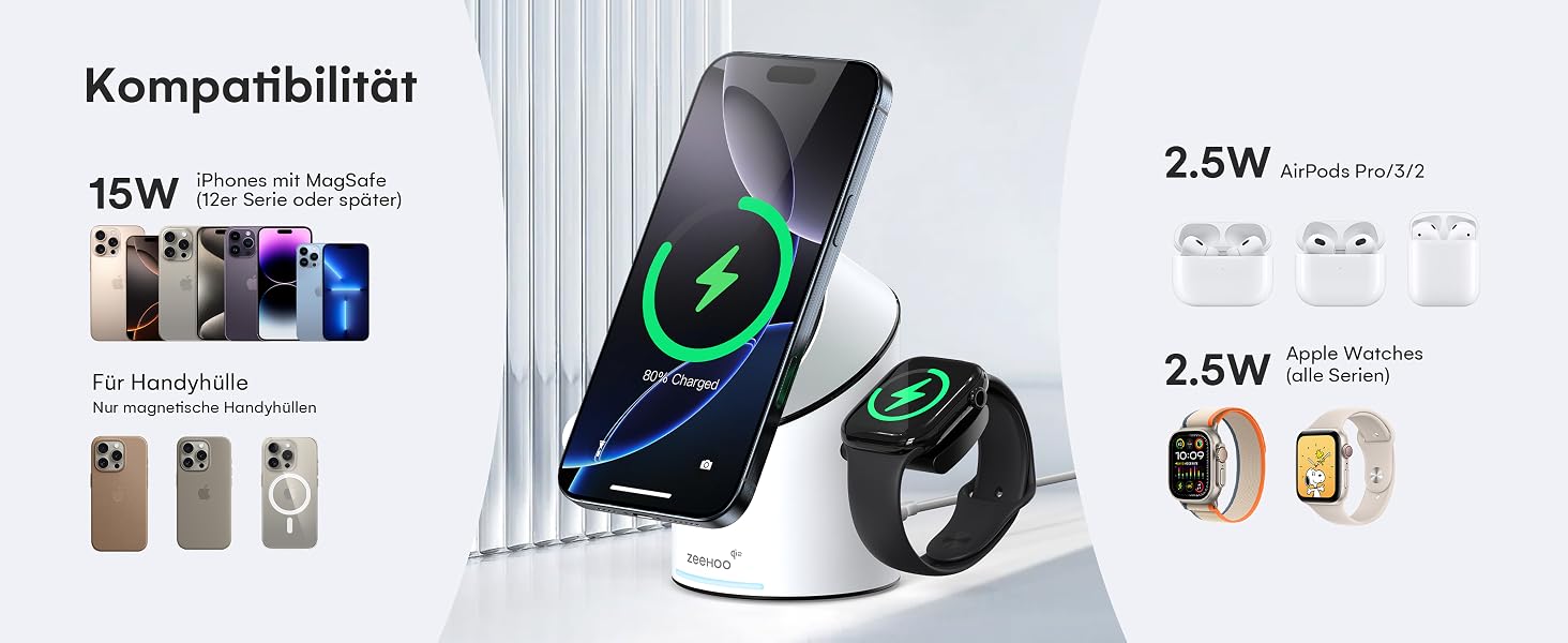 Зарядний пристрій 3-в-1 ZEEHOO MagSafe для Apple: QI2 бездротова зарядка 15W для Apple Watch, iPhone, AirPods (з адаптером 30W) - Білий