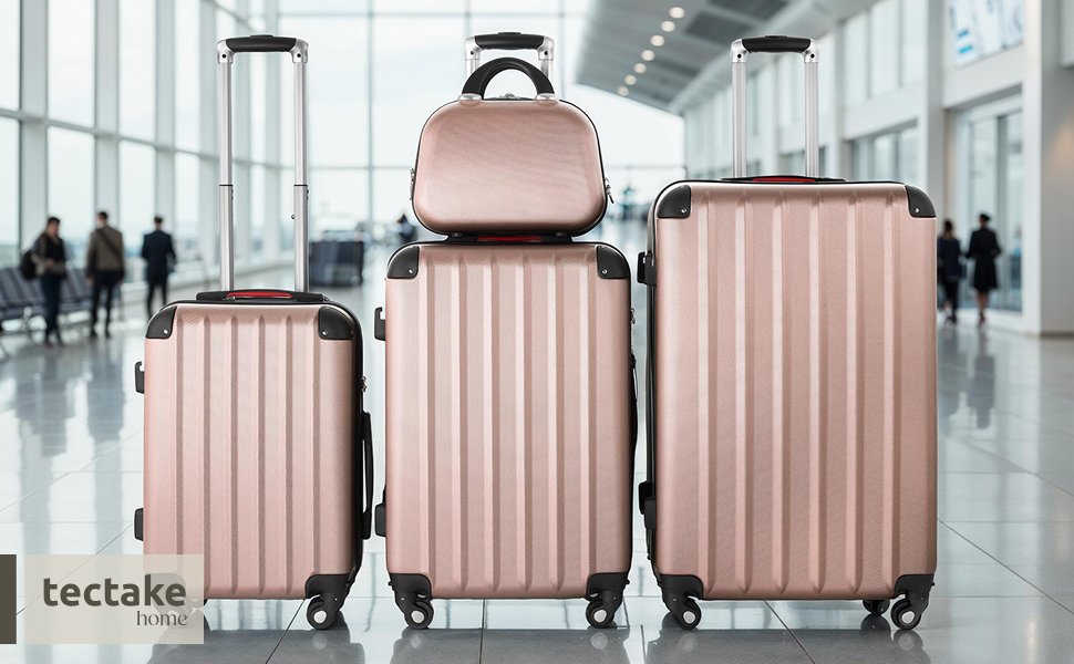 Набір валіз Tectake 4 шт. з відстібними колесами 360°, валізи з жорсткою оболонкою та TSA замком, велика валіза з роздільником, ручна валіза, телескопічна ручка - шампань (рожеве золото)