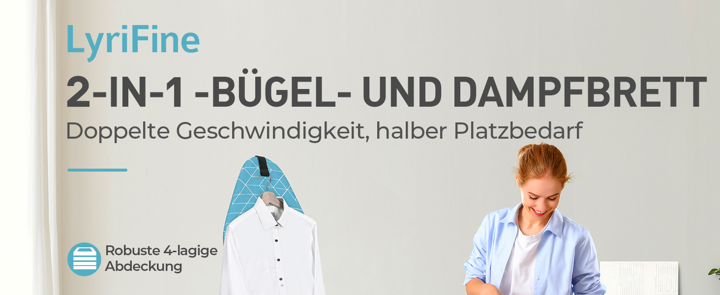 LyriFine Прасувальна дошка 2-в-1 для прасування з парою та класичного прасування, стійка до нагрівання, складана з гачком, міцний сталевий каркас, для парогенераторів (Синій колір з підставкою для праски)