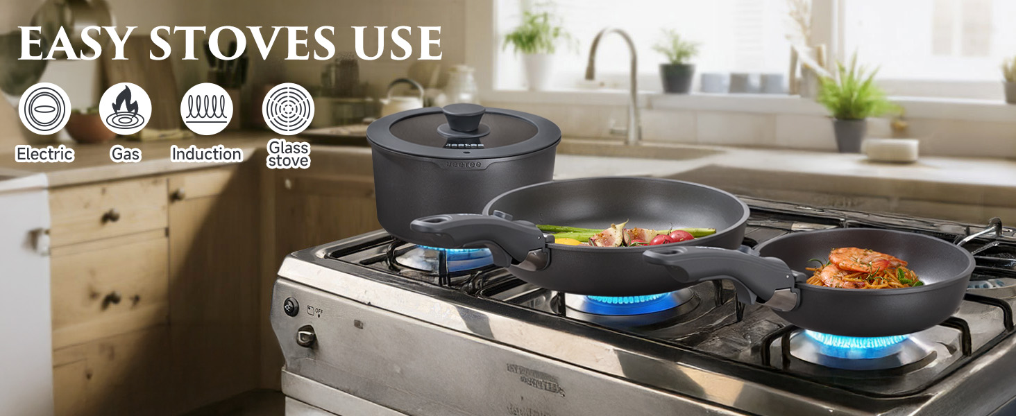 Набір посуду JEETEE 20 предметів з антипригарним титановим покриттям та знімною ручкою, для індукційних плит, з кришками, сірий