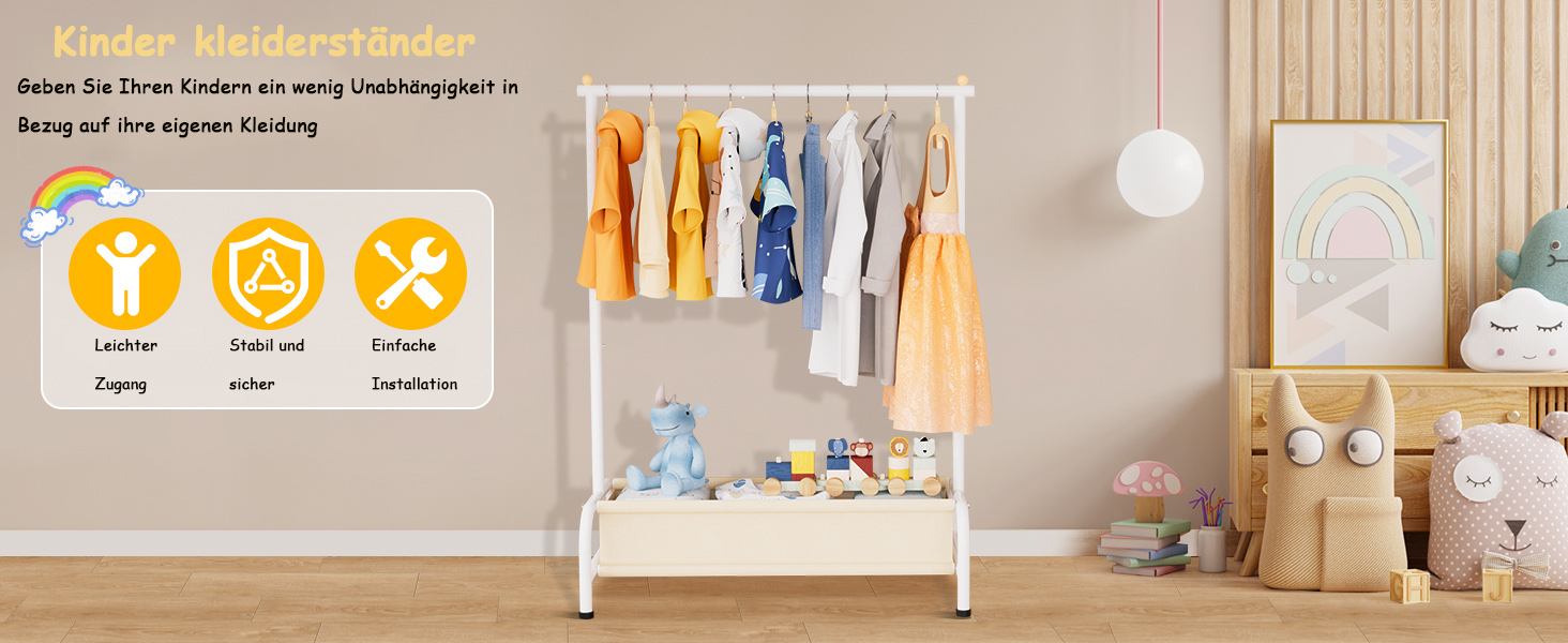 Детский вешалка для одежды MISSLO с корзиной, белая. Компактная стойка для хранения детской одежды, выдерживает большую нагрузку. Размеры: 38 x 81 x 114 см