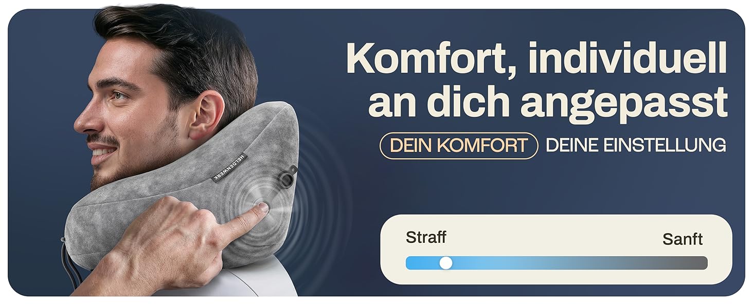 Подушка для шиї HELDENWERK® Air: 5 положень, швидка підкачка, регулювання тиску, знімний капюшон, для подорожей (літак, авто), темно-синій, великий розмір