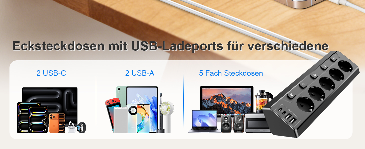 Розподільник розеток з незалежним вимикачем, мережевий фільтр з 4 USB (2 USB-C) + 5 розеток з дитячим захистом, 3680W, 2м подовжувач для кухні, офісу, дому (чорний) 5 розеток Чорний - Розподільник розеток