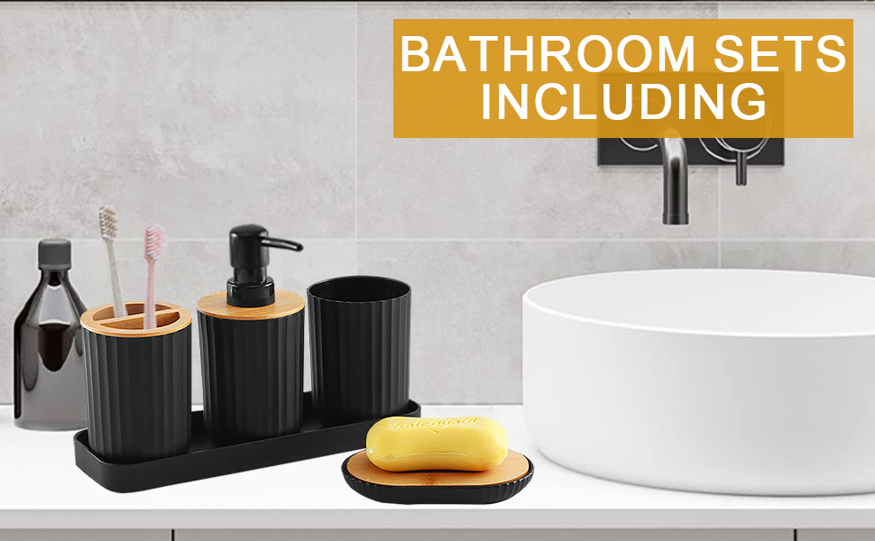 Чорний набір аксесуарів для ванної кімнати (5 шт.): мильниця, стакан, дозатор мила, тримач для зубних щіток, пластик