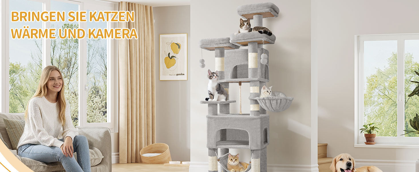 Кігтеточка для котів Hzuaneri, 176 см, XL, 3 платформи, 2 печери, 7 стовпчиків, гамак, плюшеві кульки, для багатокотових домівок, MS17618SG (Світло-сірий)