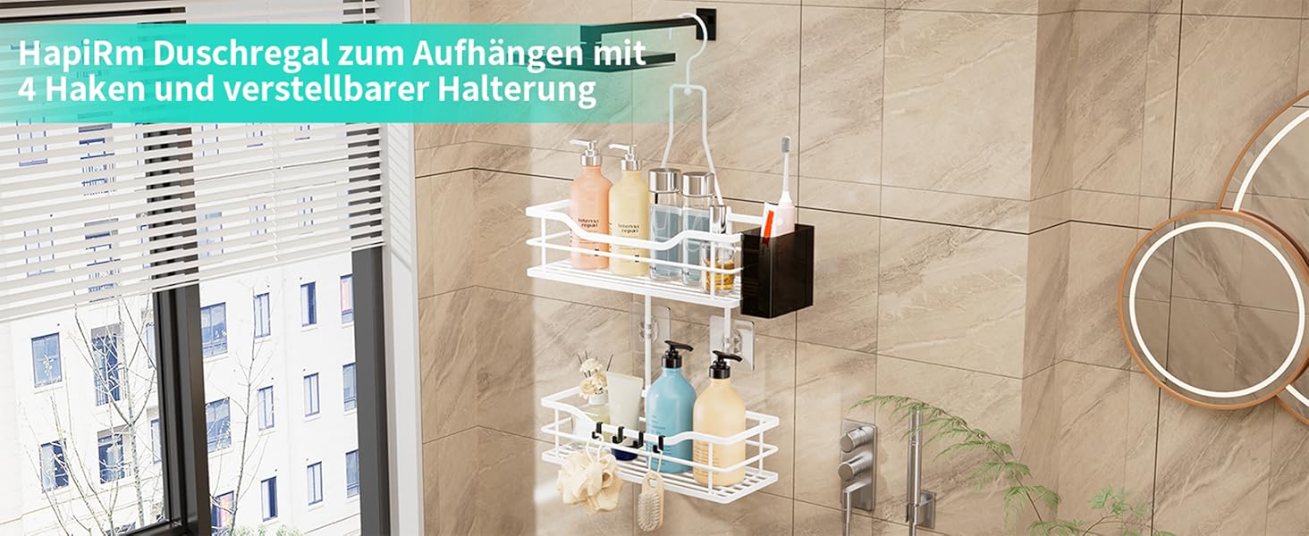 Настінна поличка для душу HapiRm з 4 гачками - органайзер для шампуню та засобів для душу, білий