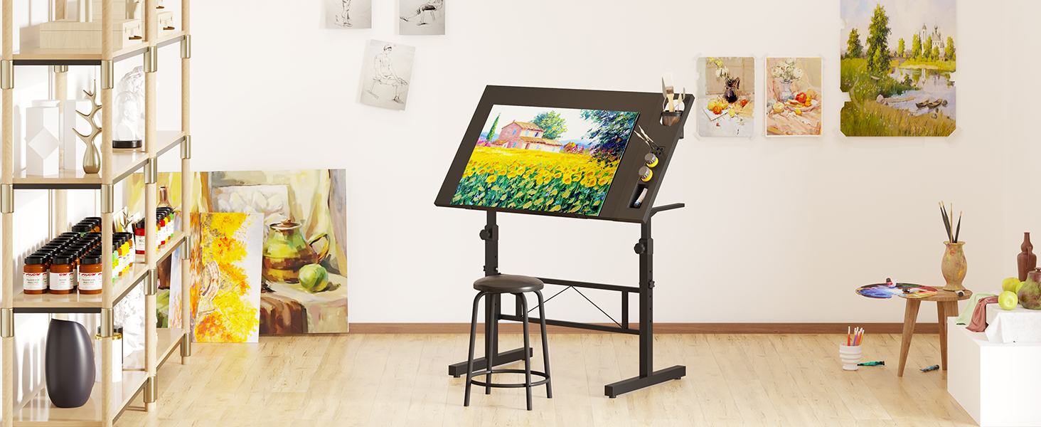 Adjustable Drafting Table with Tilting Surface (0-60°) - Height Adjustable Art Table with Stool and Storage for Home & Office - Black Wood Finish