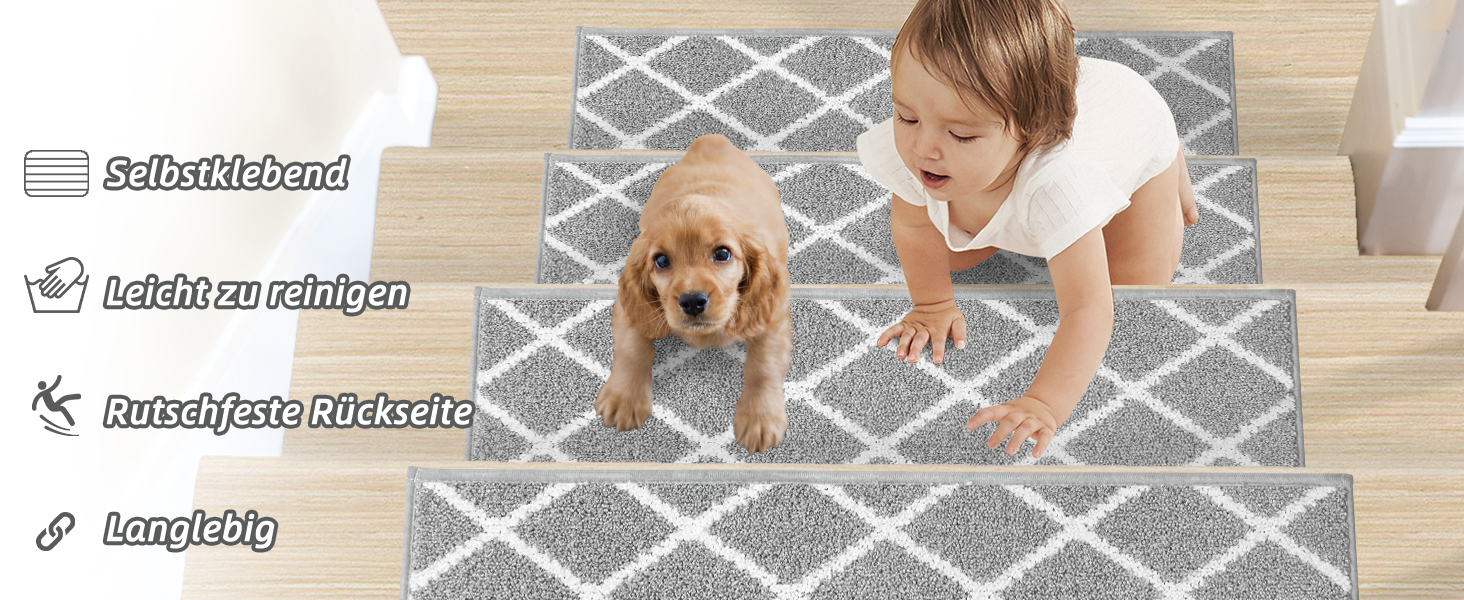 Ковзаючі сходи COSY HOMEER, 15 шт., 70x22 см, антиковзаючі, самоклеючі, машинне прання, 100% поліестер, TPE-підкладка, для дітей, літніх людей та домашніх тварин, сіро-білі