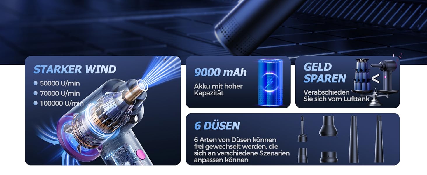 Електричний пилосос для видалення пилу, 100000 обертів, акумулятор 9000mAh, 3 швидкості, LED-підсвічування, для чищення ПК, диванів та авто (AD36)
